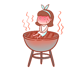 夏天夏季高温大暑搞笑蝴蝶结女孩坐在烤炉馒头流汗我和烤肉之间只差一撮孜然表情包gif图图片