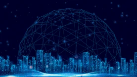 科技商务大气创新企业会议展板城市球体转动蓝色视频背景gif图素材图片