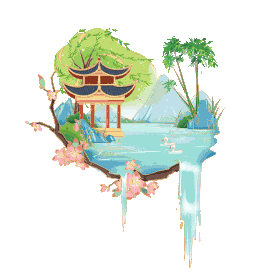 国潮风景中国风凉亭湖水流水花朵树枝景观国潮动图gif