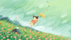 春天谷雨雨水下雨雨小女孩打伞草地视频背景gif图素材