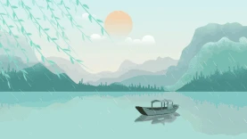 夏天山水小船漂浮唯美治愈插画绿色视频背景gif图素材图片