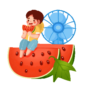 夏天吃西瓜男孩吹风扇炎热大暑西瓜gif图素材图片