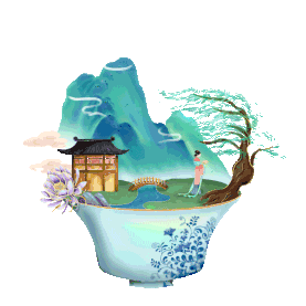 微缩景观盆景中国风山水柳树青花瓷gif图素材图片