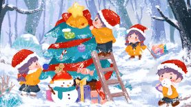 圣诞节平安夜森林雪地小孩布置圣诞树庆祝圣诞横版插画背景卡通gif图素材图片