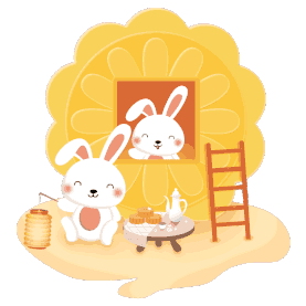 中秋节旋转的月饼屋和小兔子