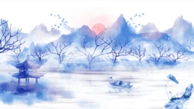 中国风水墨山水飘雪背景