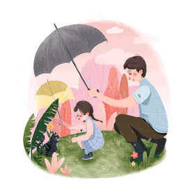 彩色父亲节可爱下雨撑伞场景