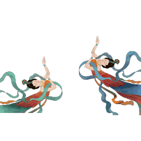 敦煌壁画古风中国风唯美飘动的飘带随着跳舞的两位古代大美女迎面起舞图片