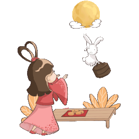 卡通手绘中秋节月兔带着圆月和月饼向嫦娥奔来图片