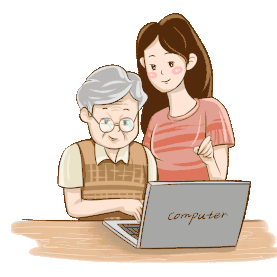老人使用电脑智能产品家庭指导母亲节父亲节感恩节卡通关爱老人gif图素材图片