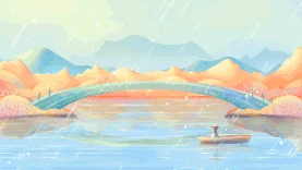 蓝色唯美治愈插画风下雨湖面小船插画视频背景gif图素材