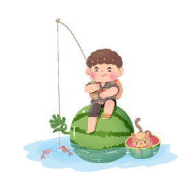 夏天男孩坐西瓜上钓鱼gif图素材图片