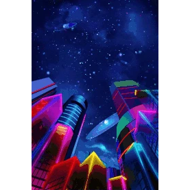 城市赛博朋克赛博朋克酸性城市飞碟霓虹灯荧光夜空gif图素材