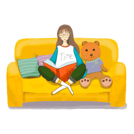 宅家沙发上女孩小熊玩偶看书gif图素材图片