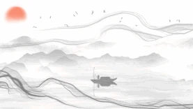 中国风水墨山水湖面船只红日视频背景gif图素材