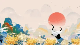 重阳节重阳古风背景中国风赏菊山水仙鹤视频背景gif图素材图片