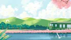 春天背景绿色山川火车蓝天白云视频背景gif图素材图片