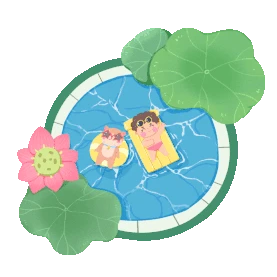 夏天夏季荷花泳池小狗和男孩晒太阳卡通gif图素材图片