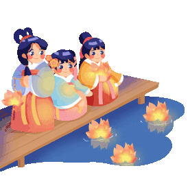 中元节七月半中国传统汉服女生放河灯动图gif