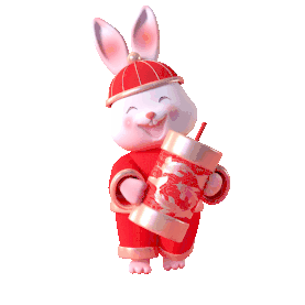 兔年春节兔子C4D立体3D带帽子兔子抱着鞭炮动图gif