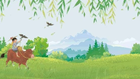 清明节清明牧童放牛绿色草原卡通视频背景gif图素材