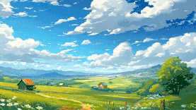 蓝天白云草原手绘卡通视频背景gif图素材图片